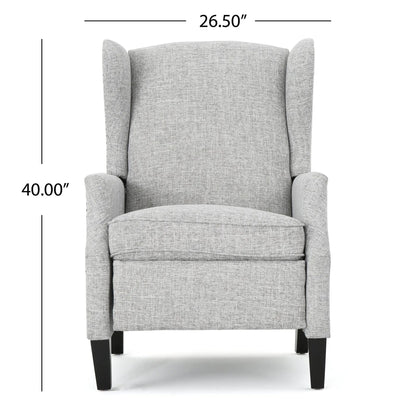 Westeros Wing Back Upholstered Recliner in light gray fabric with winged back on dark feet on Tampa Home & Garden Store