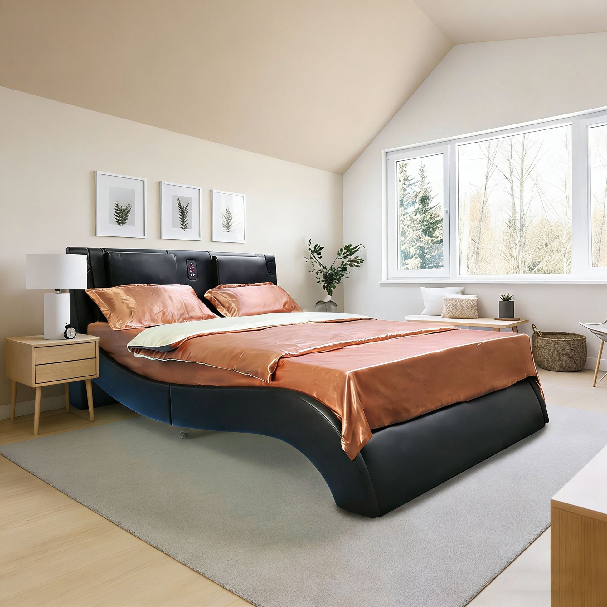 Platform bed frame with black upholstery by HouseOfZazla; LED lighting and Bluetooth music on Tampa Home & Garden Store