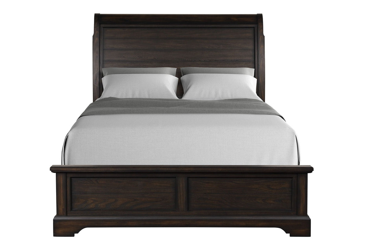 Crafted Sleigh Bed in dark espresso wood with paneled headboard and footboard on Tampa Home & Garden Store