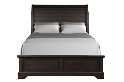 Crafted Sleigh Bed in dark espresso wood with paneled headboard and footboard on Tampa Home & Garden Store