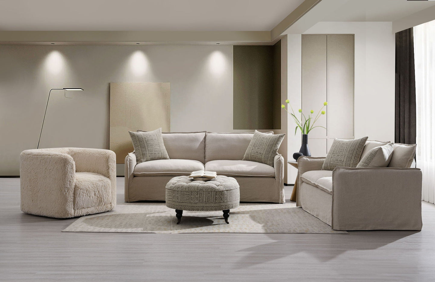 Classic Beige Linen Sofa and Toss Pillows