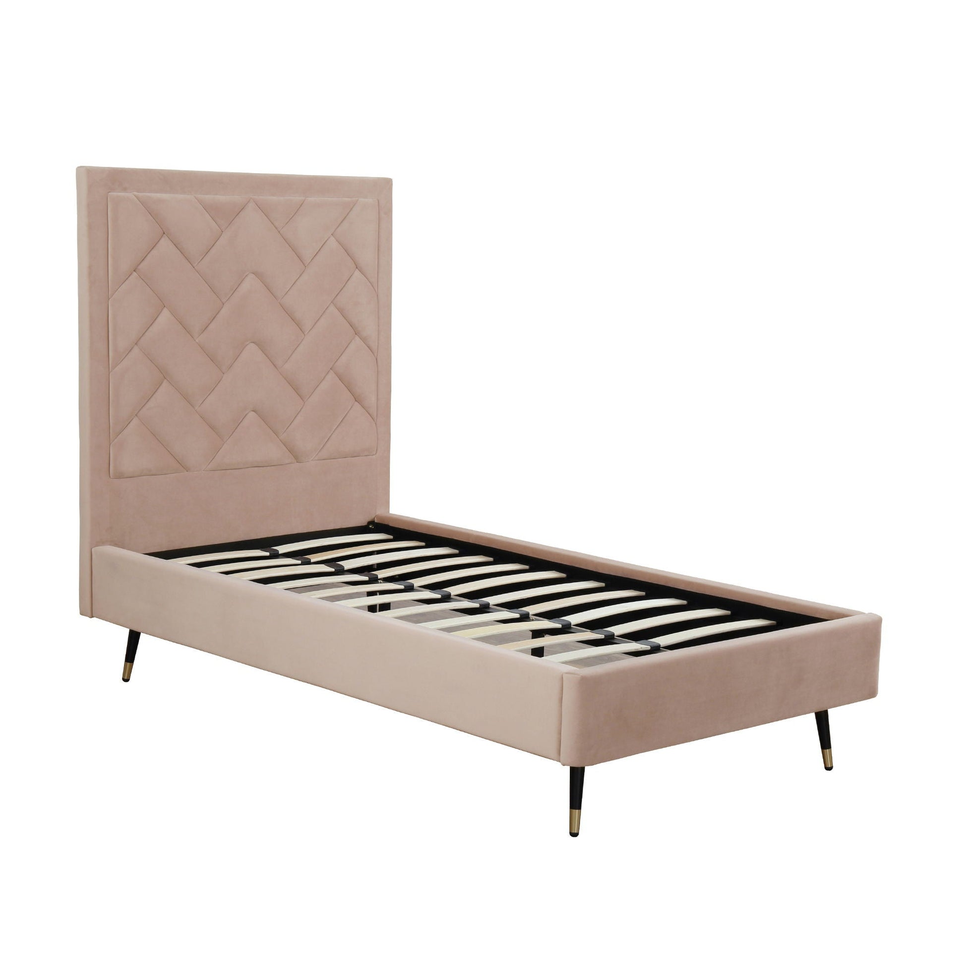 Crosby bed with blush pink diamond tufted upholstered headboard and slatted base on Tampa Home & Garden Store