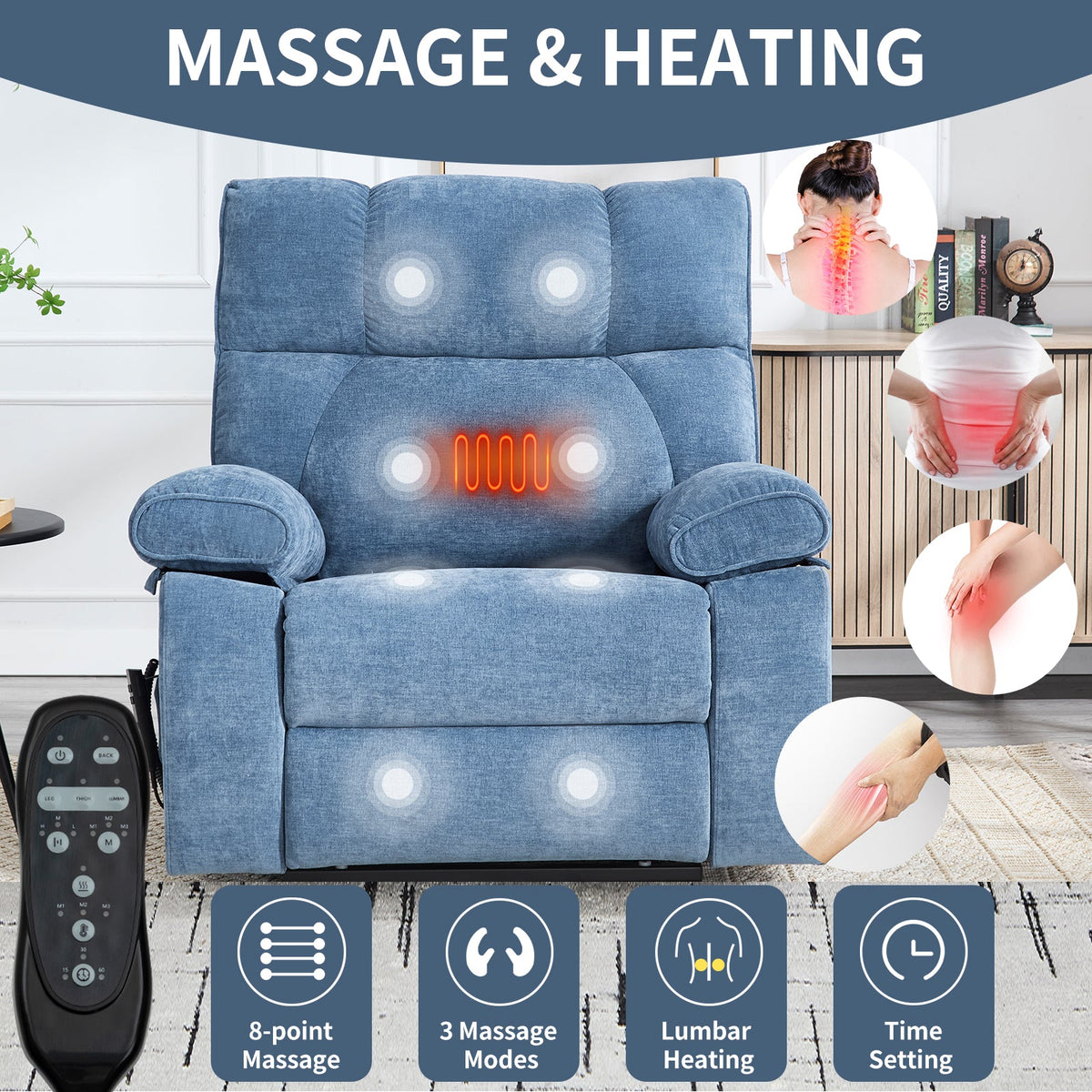 Blue HouseOfZazla lift recliner chair with dual-motor massage and lumbar heating on Tampa Home & Garden Store
