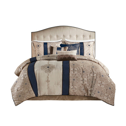 King 7pc Jacquard Comforter Set with Throw Pillows by HouseOfZazla beige navy damask on Tampa Home & Garden Store