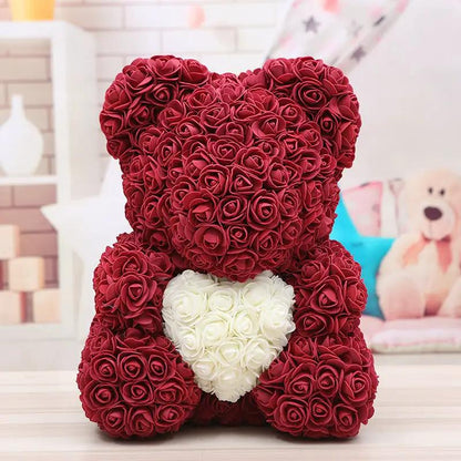 Rose bear sculpture made of red roses with a white rose heart, perfect Valentine's gift on Tampa Home & Garden Store