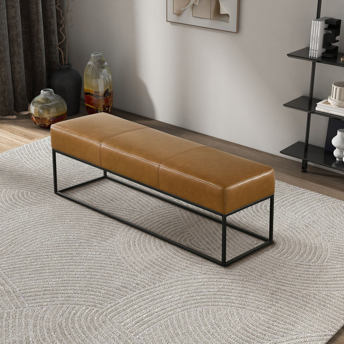 Odessa tan upholstered bench by HouseOfZazla with tan cushion and black metal frame on Tampa Home & Garden Store