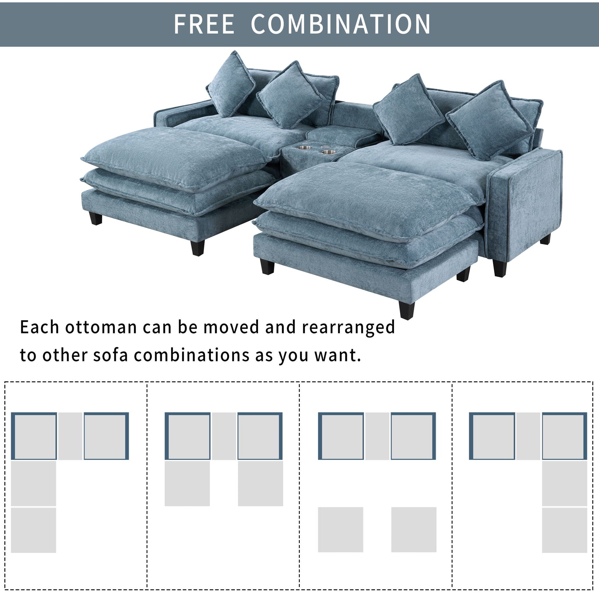 Modern sectional sofa with removable ottomans in blue denim fabric, USB ports, 3-piece set by HouseOfZazla on Tampa Home & Garden Store