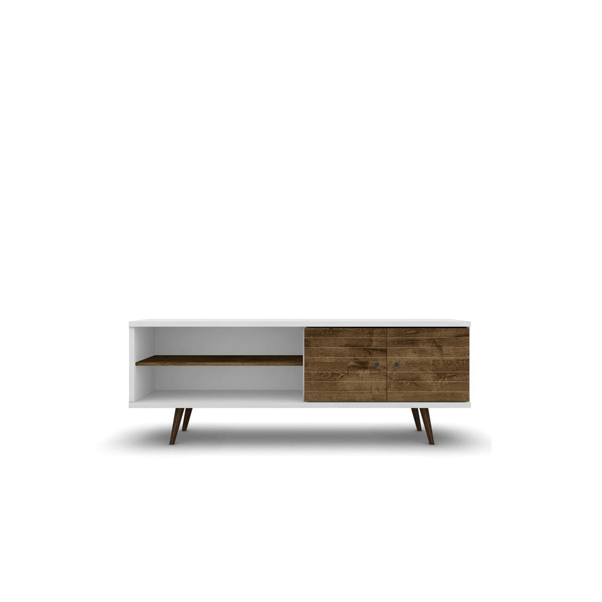 Liberty TV Stand with solid wood splayed legs, white frame and wood grain doors, hidden storage on Tampa Home & Garden Store
