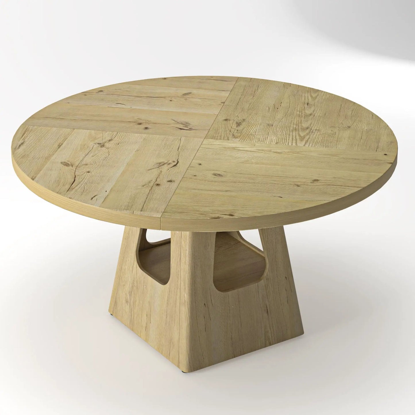 Farmhouse round dining table with storage base in light oak planks by Unique Piece Furniture on Tampa Home & Garden Store