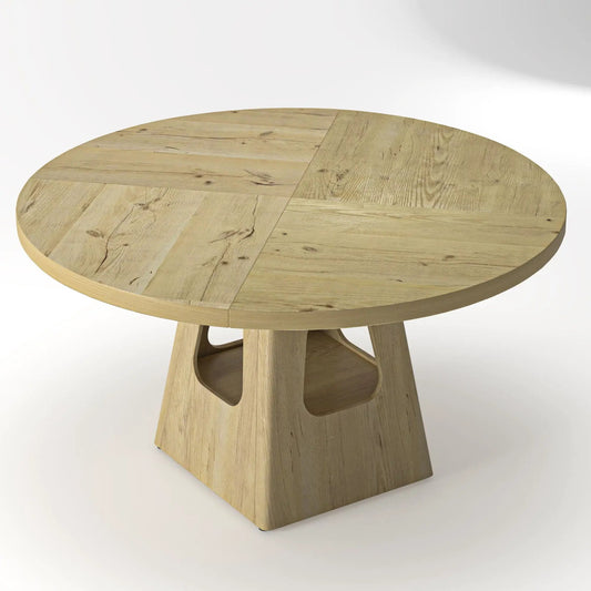 Farmhouse round dining table with storage base in light oak planks by Unique Piece Furniture on Tampa Home & Garden Store