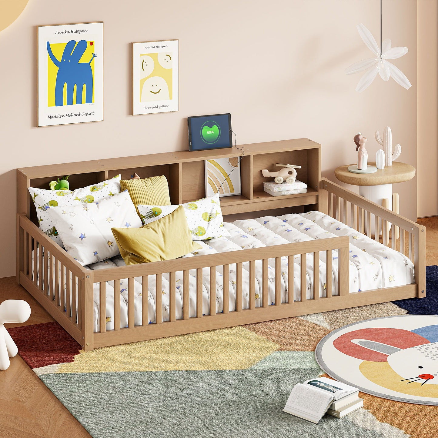 HouseOfZazla floor bed with storage cabinets and USB ports in natural wood finish on Tampa Home & Garden Store