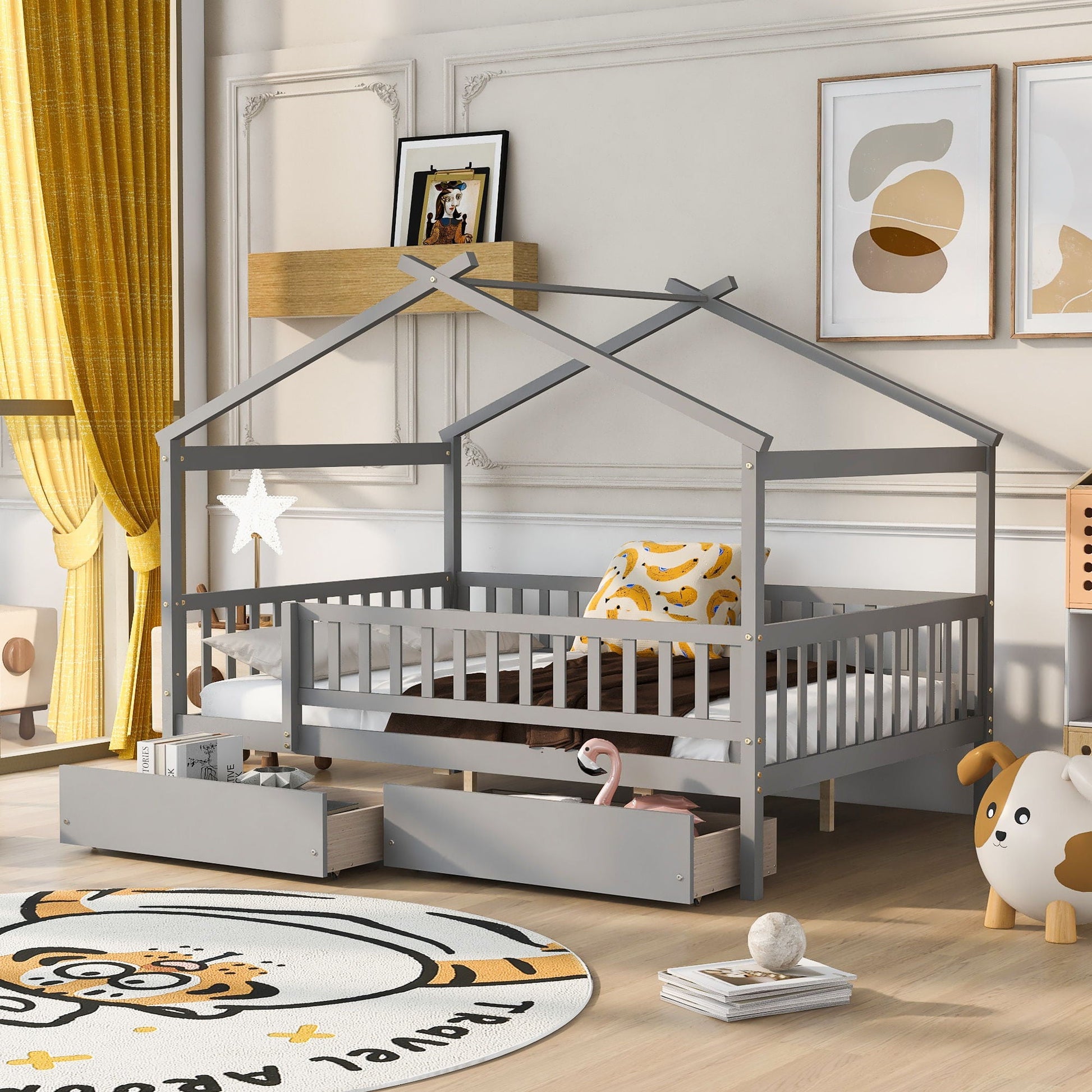 House bed with two drawers and sky roof storage in gray cabin bed frame for kids on Tampa Home & Garden Store