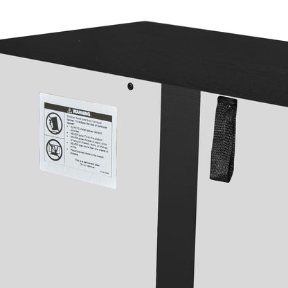 Tall storage cabinet top edge in black woodgrain with hardware and warning label on Tampa Home & Garden Store