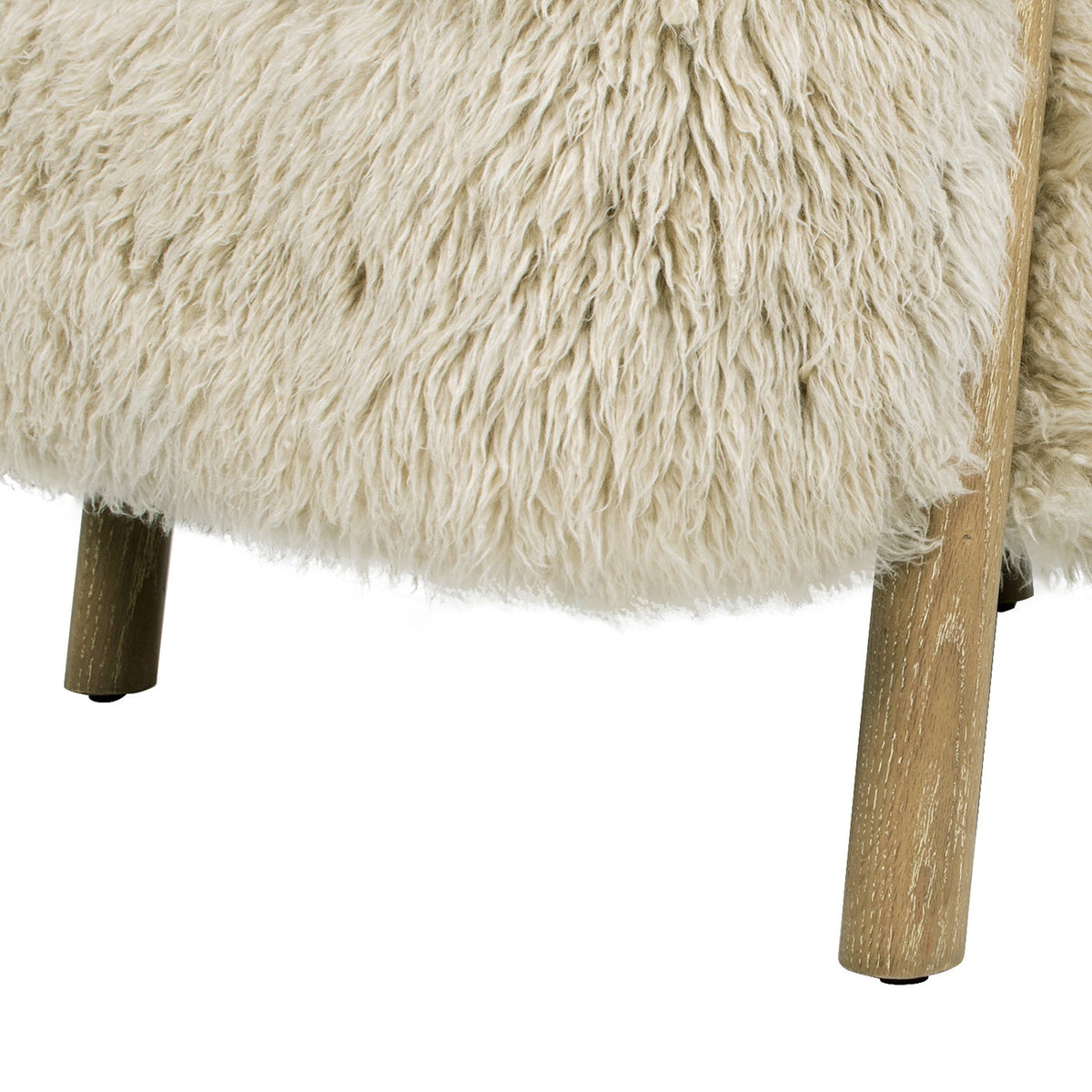 HouseOfZazla Rustic Oak Sheepskin Arm Chair with taupe beige fur upholstery and wooden legs on Tampa Home & Garden Store