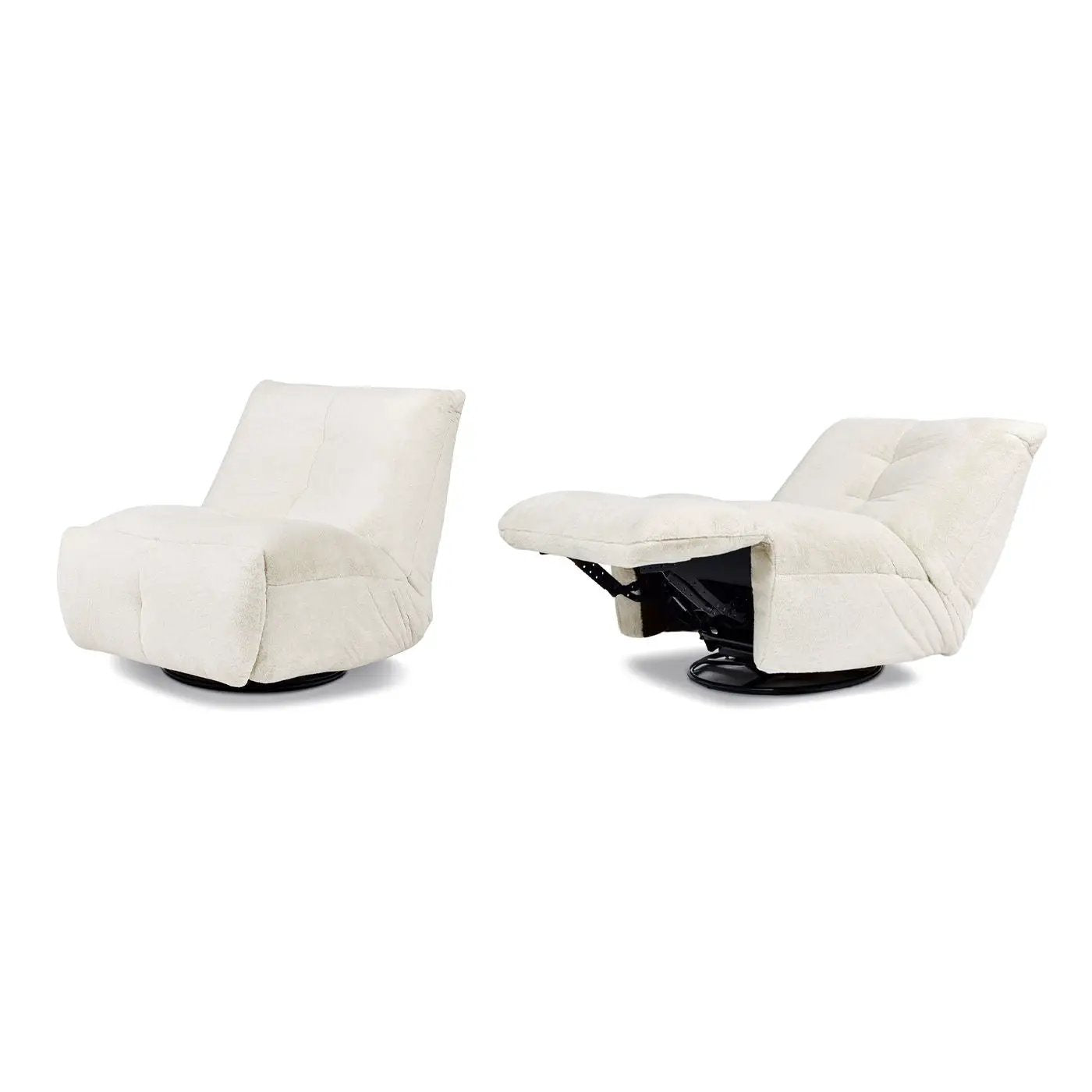 Rearden Swivel Glider Manual Recliner Gaming Lounge Chair pair in cream fabric with black bases on Tampa Home & Garden Store