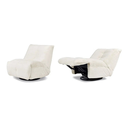 Rearden Swivel Glider Manual Recliner Gaming Lounge Chair pair in cream fabric with black bases on Tampa Home & Garden Store