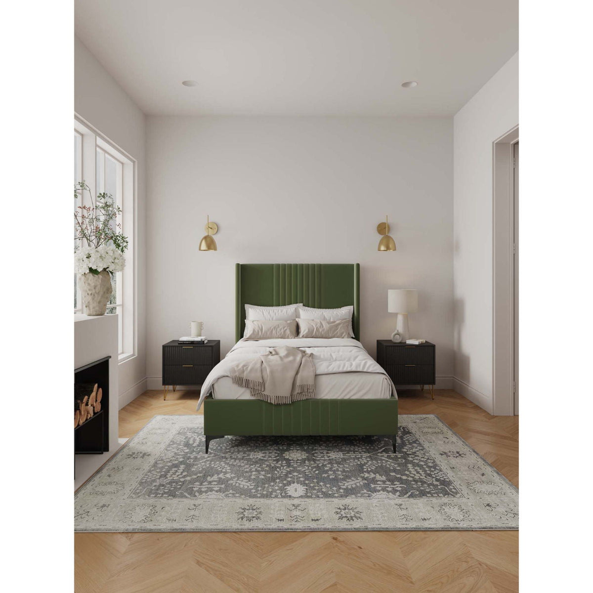 HouseOfZazla Promenade bed with green upholstered headboard and slats, black nightstands on Tampa Home & Garden Store