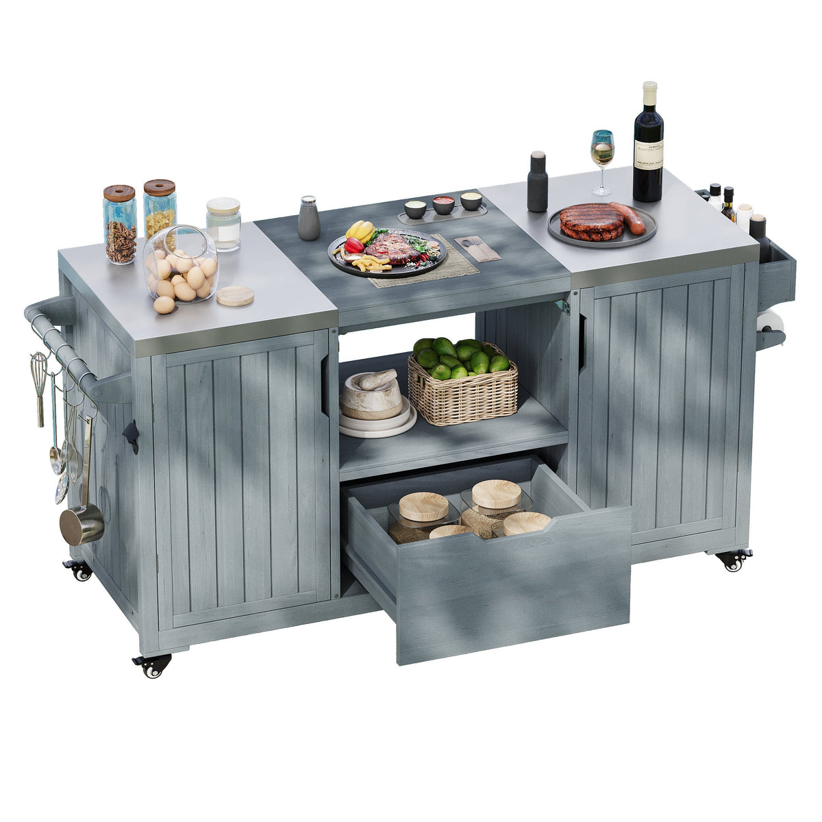 K&K 66.5in Outdoor Kitchen Island for Big Green Egg Grills, gray wood with stainless top on Tampa Home & Garden Store