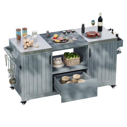 K&K 66.5in Outdoor Kitchen Island for Big Green Egg Grills, gray wood with stainless top on Tampa Home & Garden Store