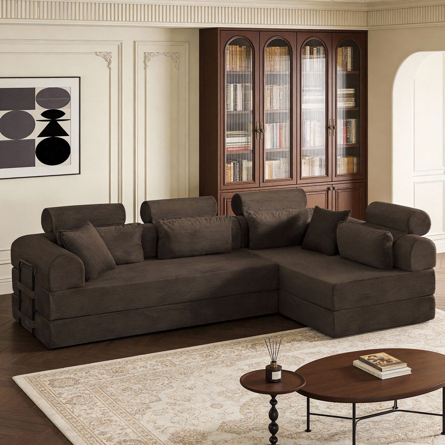 Modern L-shaped modular sectional sofa in dark brown ribbed fabric by HouseOfZazla on Tampa Home & Garden Store