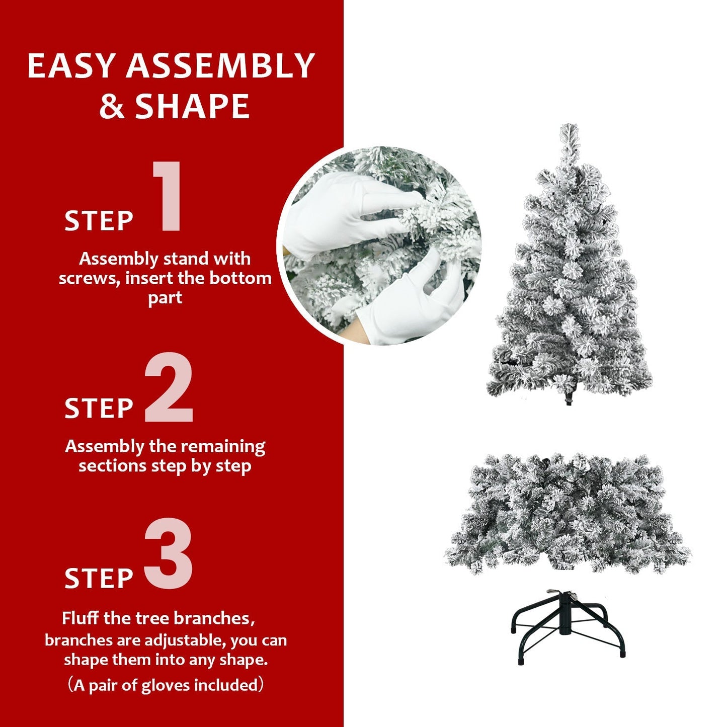 4ft flocked Christmas tree with 233 tips by HouseOfZazla, assembly steps infographic featuring gloves and stand on Tampa Home & Garden Store