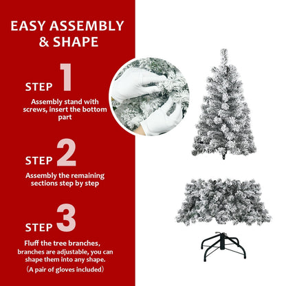 4ft flocked Christmas tree with 233 tips by HouseOfZazla, assembly steps infographic featuring gloves and stand on Tampa Home & Garden Store