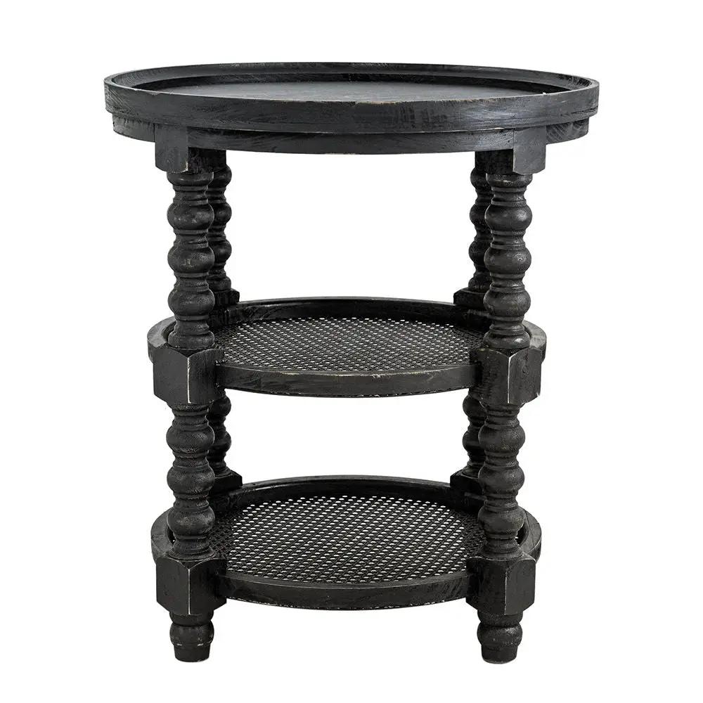 Round 3-tier side table in black wood with turned legs and metal mesh shelves on Tampa Home & Garden Store