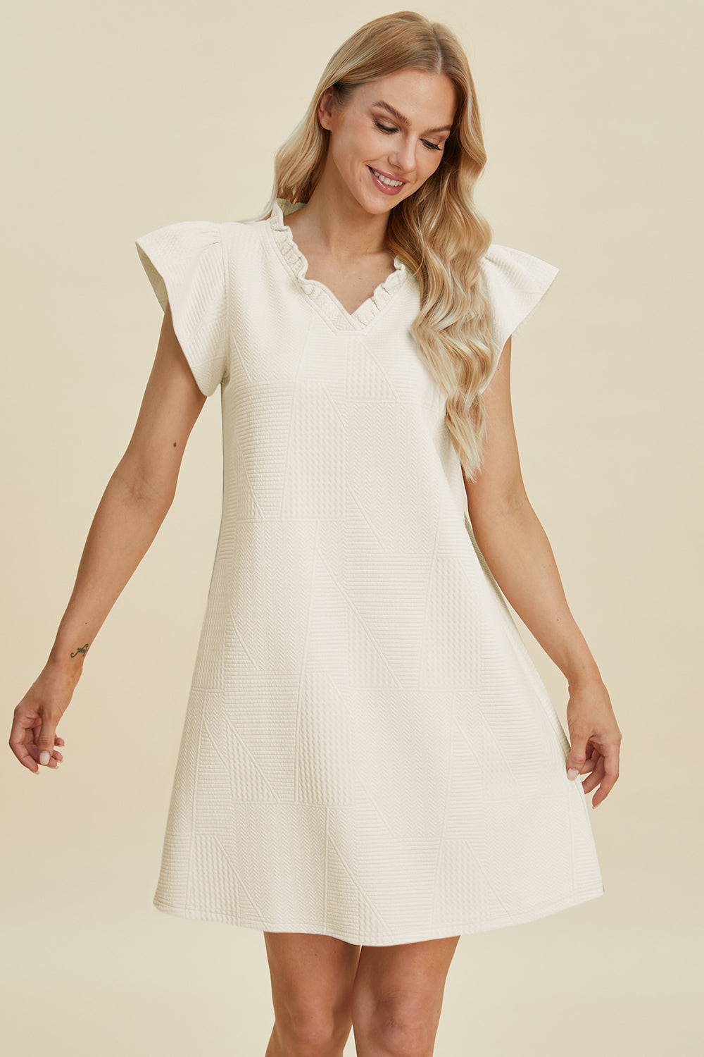 Double Take full-size ruffled V-neck cap sleeve dress in cream textured fabric Stevvex on Tampa Home & Garden Store