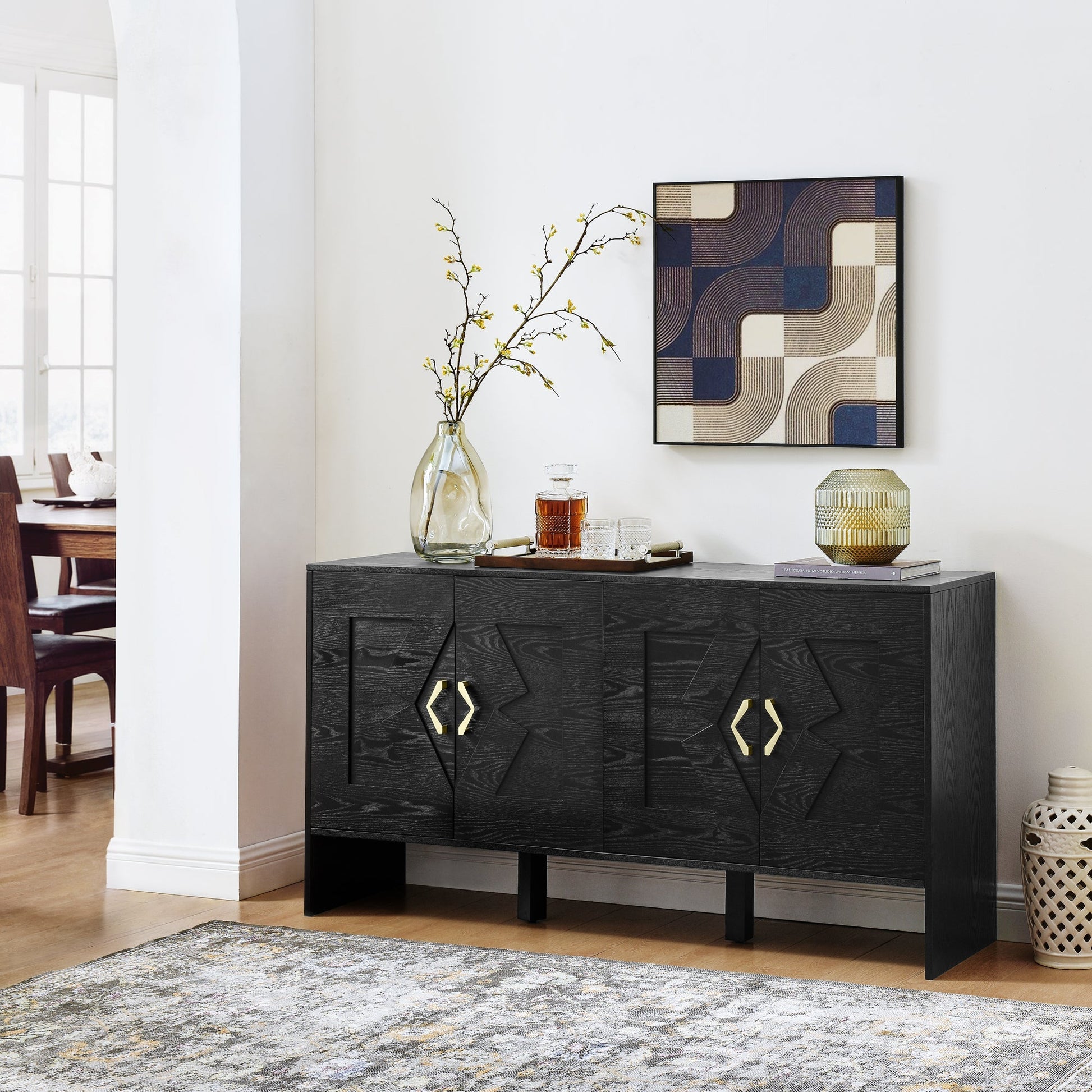 60-inch Mid Century Modern Sideboard Buffet by HouseOfZazla, black wood with gold handles on Tampa Home & Garden Store