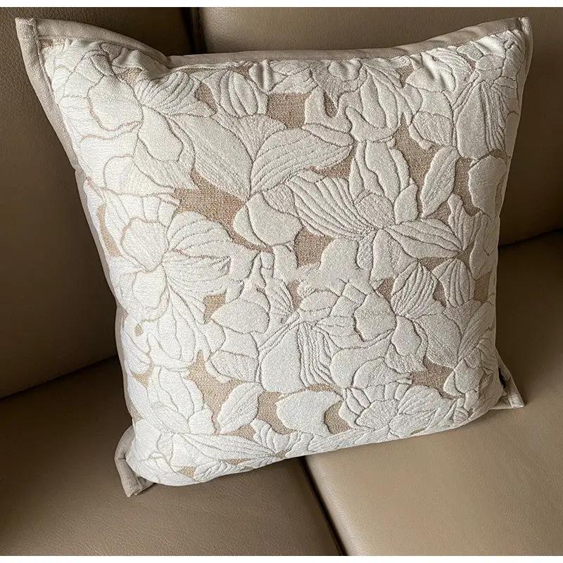 French Magnolia Sofa Pillow Case with white floral jacquard on beige backing FLIPSTYLEZLLC on Tampa Home & Garden Store