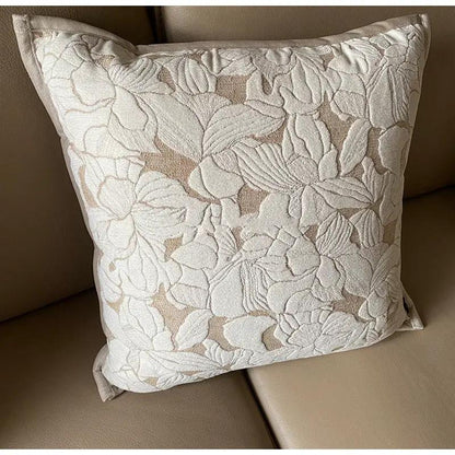 French Magnolia Sofa Pillow Case with white floral jacquard on beige backing FLIPSTYLEZLLC on Tampa Home & Garden Store