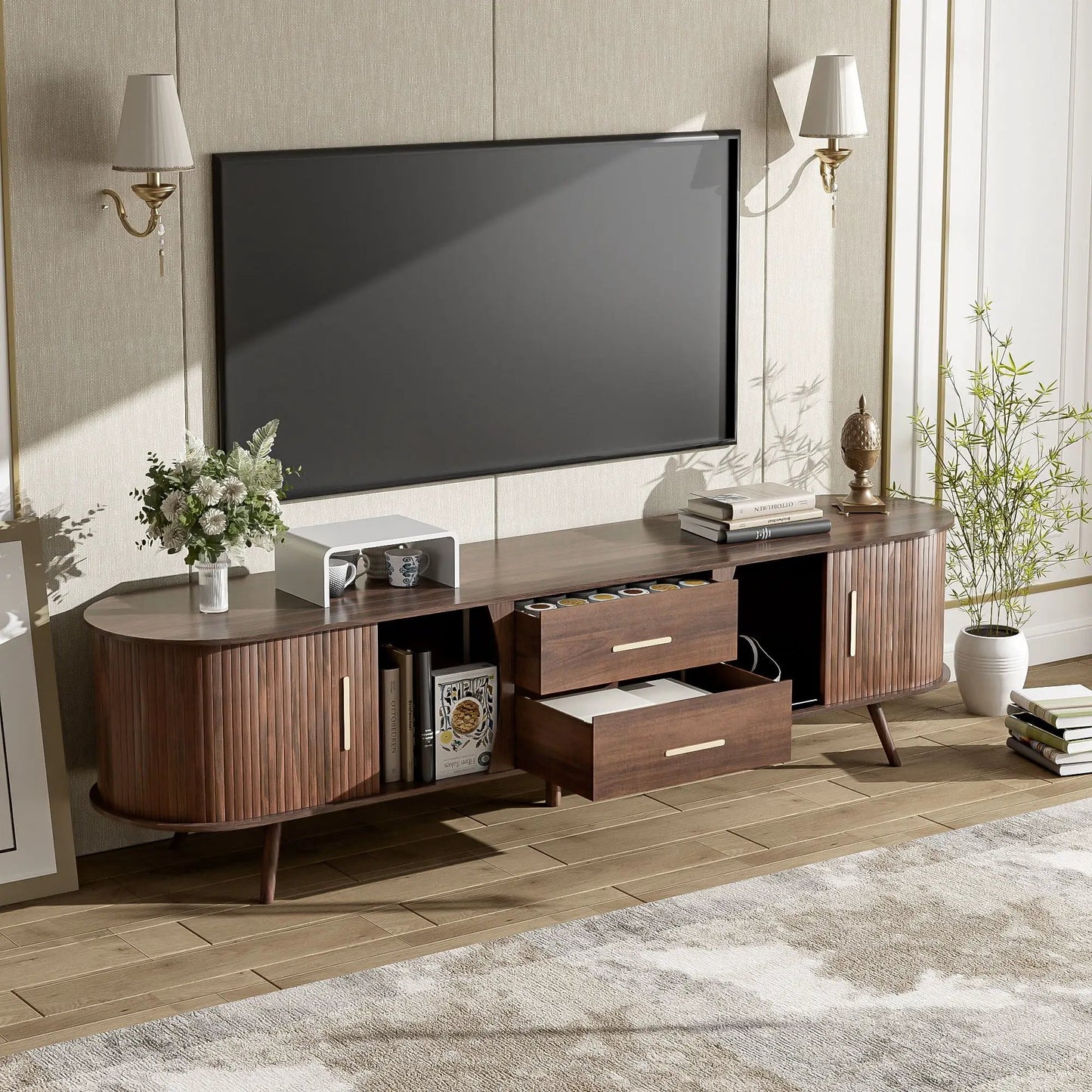 Wood TV Stand With Storage and Sliding Doors