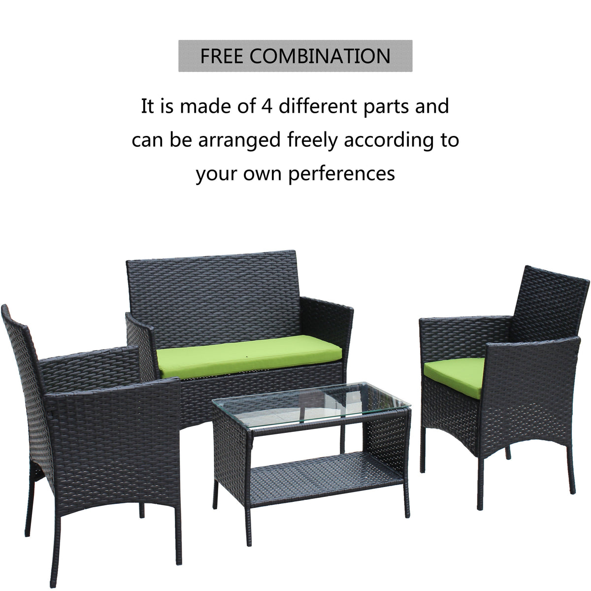 4-piece black rattan patio set with lime cushions and a glass-topped coffee table on Tampa Home & Garden Store