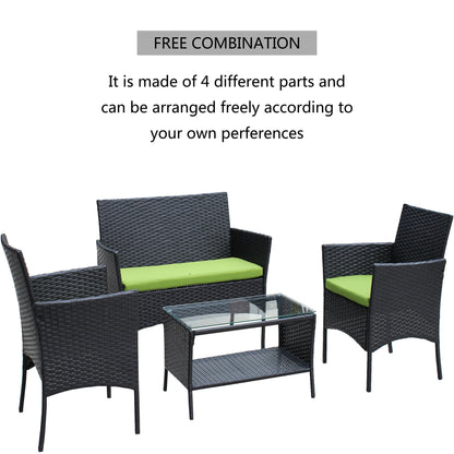4-piece black rattan patio set with lime cushions and a glass-topped coffee table on Tampa Home & Garden Store