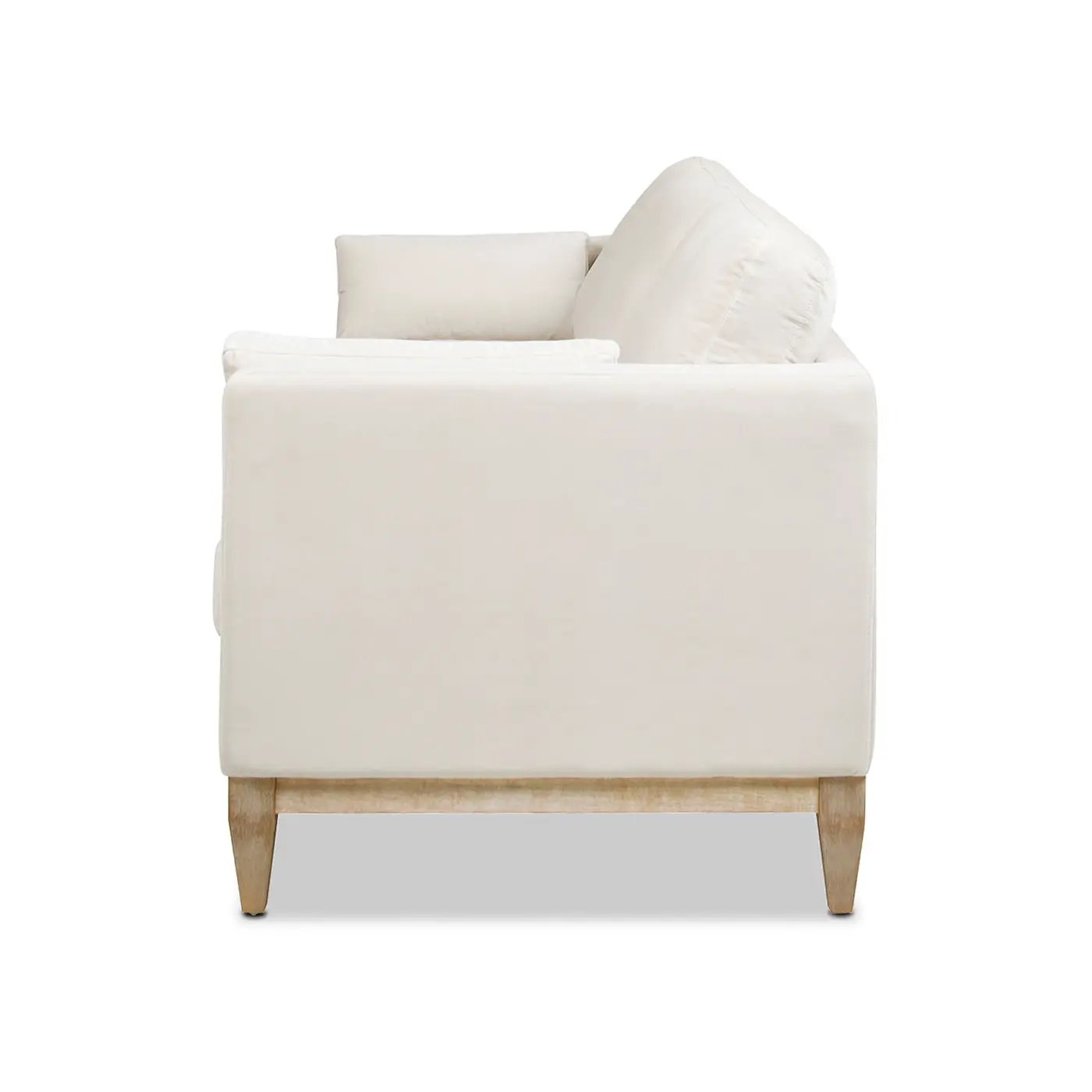 Knox Modern Farmhouse Sofa, cream fabric upholstery with boxed cushions and wooden legs on Tampa Home & Garden Store