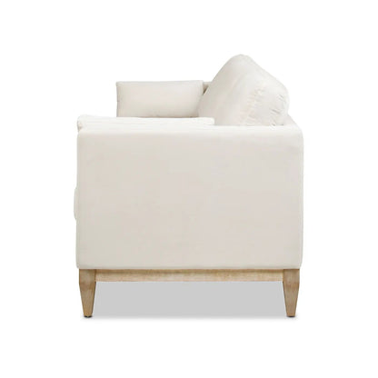 Knox Modern Farmhouse Sofa, cream fabric upholstery with boxed cushions and wooden legs on Tampa Home & Garden Store