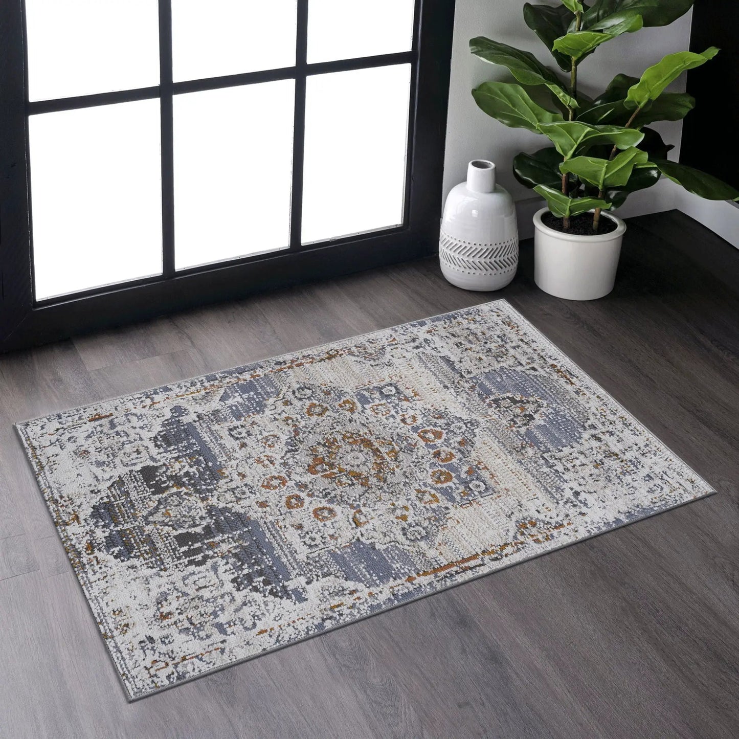 Payas medallion rug, blue-gray ivory palette, distressed pattern, area rug on Tampa Home & Garden Store