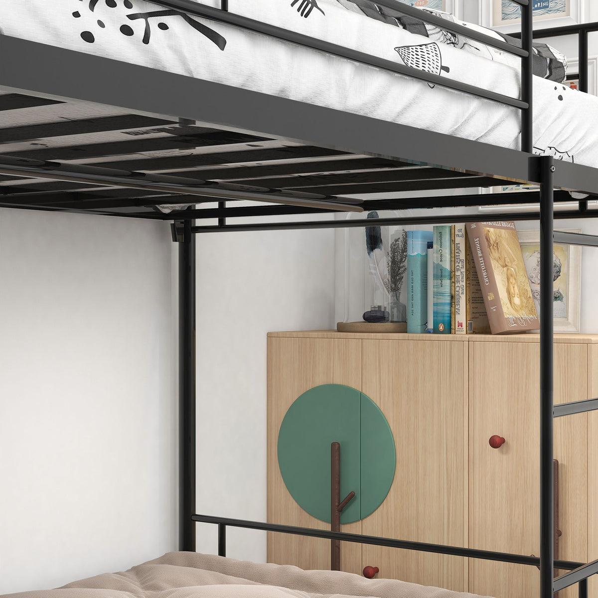 Twin over twin metal bunk bed with black frame by HouseOfZazla, white bedding, sturdy guard rails on Tampa Home & Garden Store