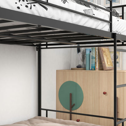 Twin over twin metal bunk bed with black frame by HouseOfZazla, white bedding, sturdy guard rails on Tampa Home & Garden Store