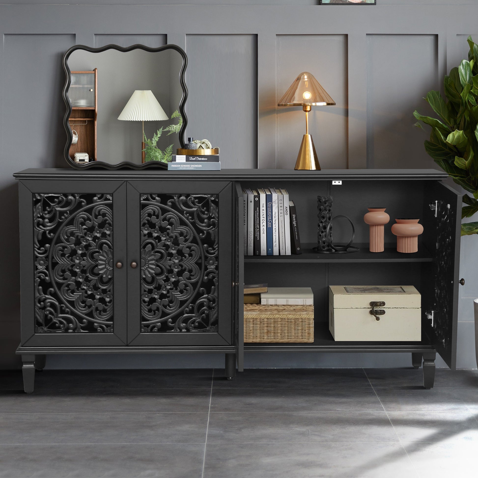 60in antique buffet cabinet with floral carvings in black, ornate lattice doors, lamps on top on Tampa Home & Garden Store