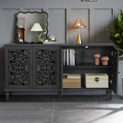 60in antique buffet cabinet with floral carvings in black, ornate lattice doors, lamps on top on Tampa Home & Garden Store