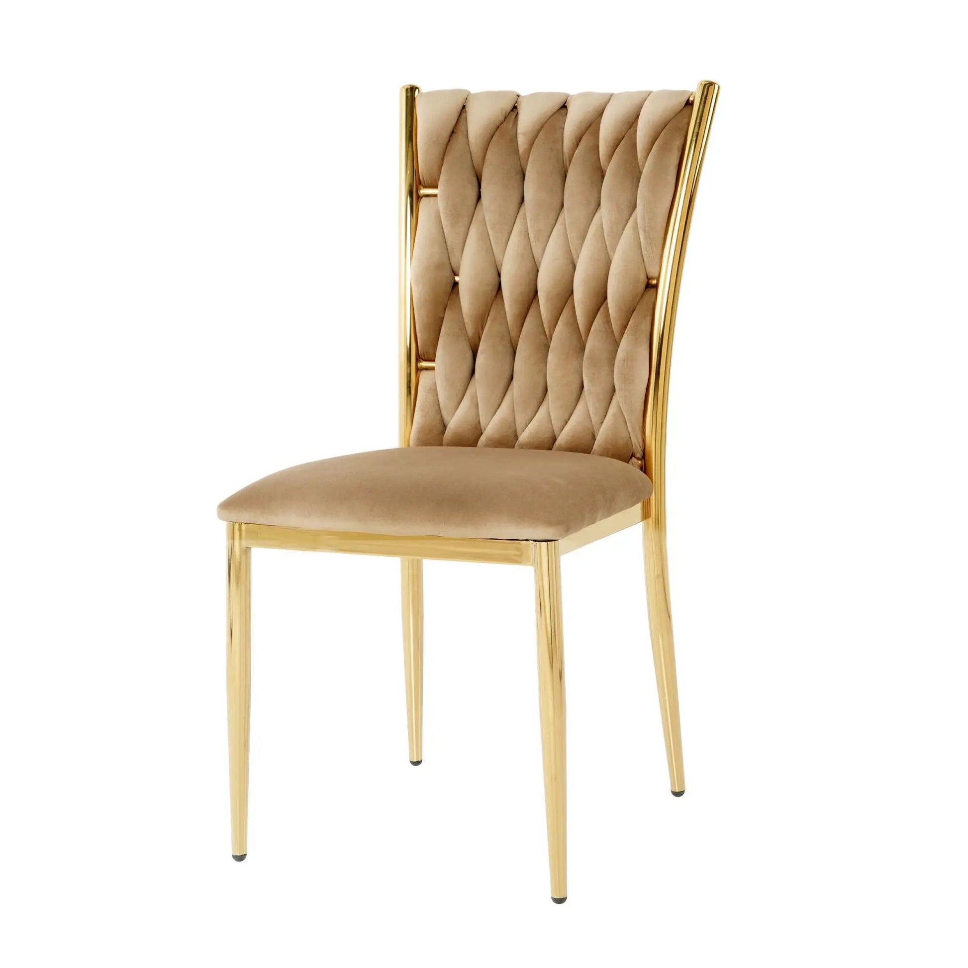 Modern dining chair beige velvet upholstery with gold metal frame and diamond-tufted back on Tampa Home & Garden Store