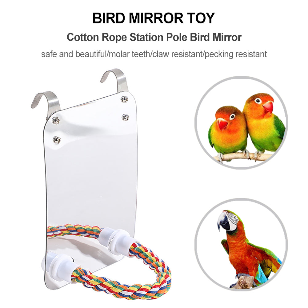 Parrot Toy Acrylic Bird Mirror with multicolor cotton rope station pole on Tampa Home & Garden Store