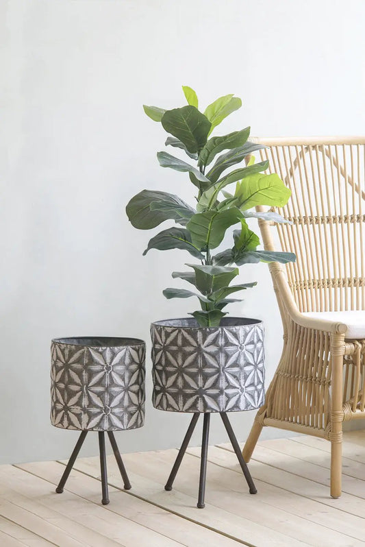 Set of 2 gray metal planter stands with round galvanized planters and tripod legs on Tampa Home & Garden Store
