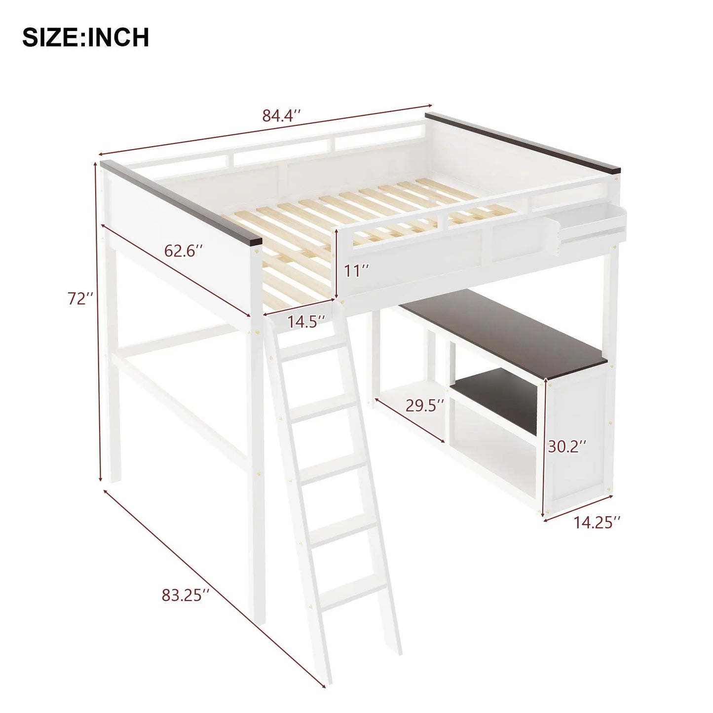 Queen Size Loft Bed With Desk and Storage White