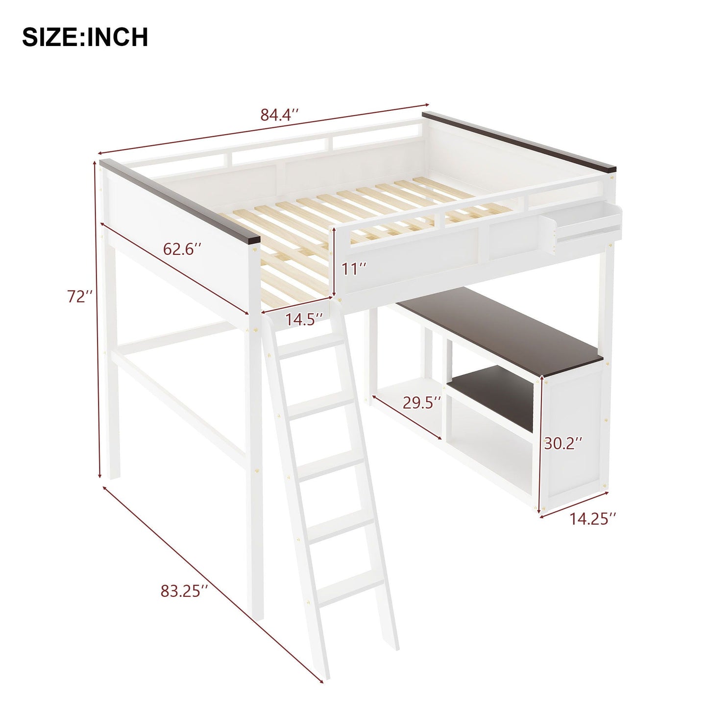 Queen size loft bed with desk in white by HouseOfZazla, includes open shelf and USB charging on Tampa Home & Garden Store