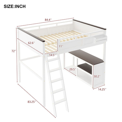 Queen size loft bed with desk in white by HouseOfZazla, includes open shelf and USB charging on Tampa Home & Garden Store