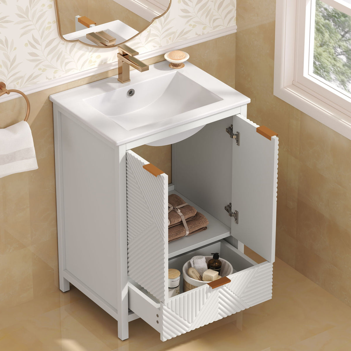 Modern bathroom vanity with sink, white finish, compact storage, gold hardware, HouseOfZazla on Tampa Home & Garden Store