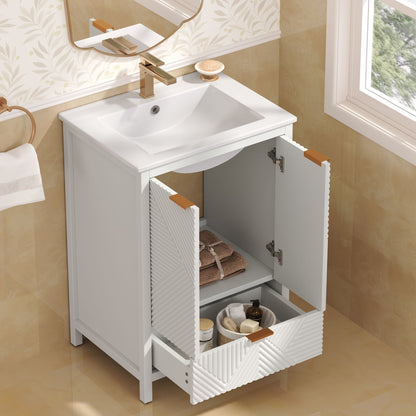 Modern bathroom vanity with sink, white finish, compact storage, gold hardware, HouseOfZazla on Tampa Home & Garden Store
