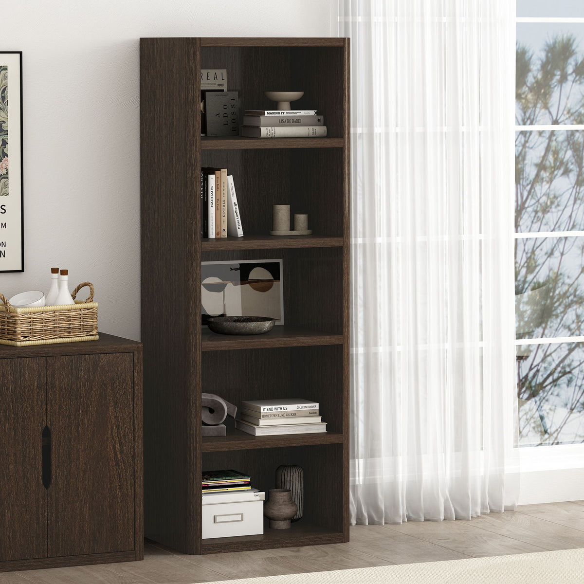 Open bookcase with adjustable shelves in dark brown wood, 79 in tall HouseOfZazla on Tampa Home & Garden Store